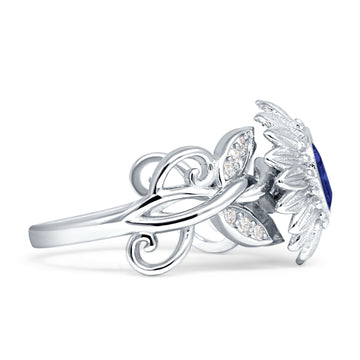 Sunflower Twisted Vine Leaf Engagement Ring Blue Sapphire CZ 925 Sterling Silver Wholesale